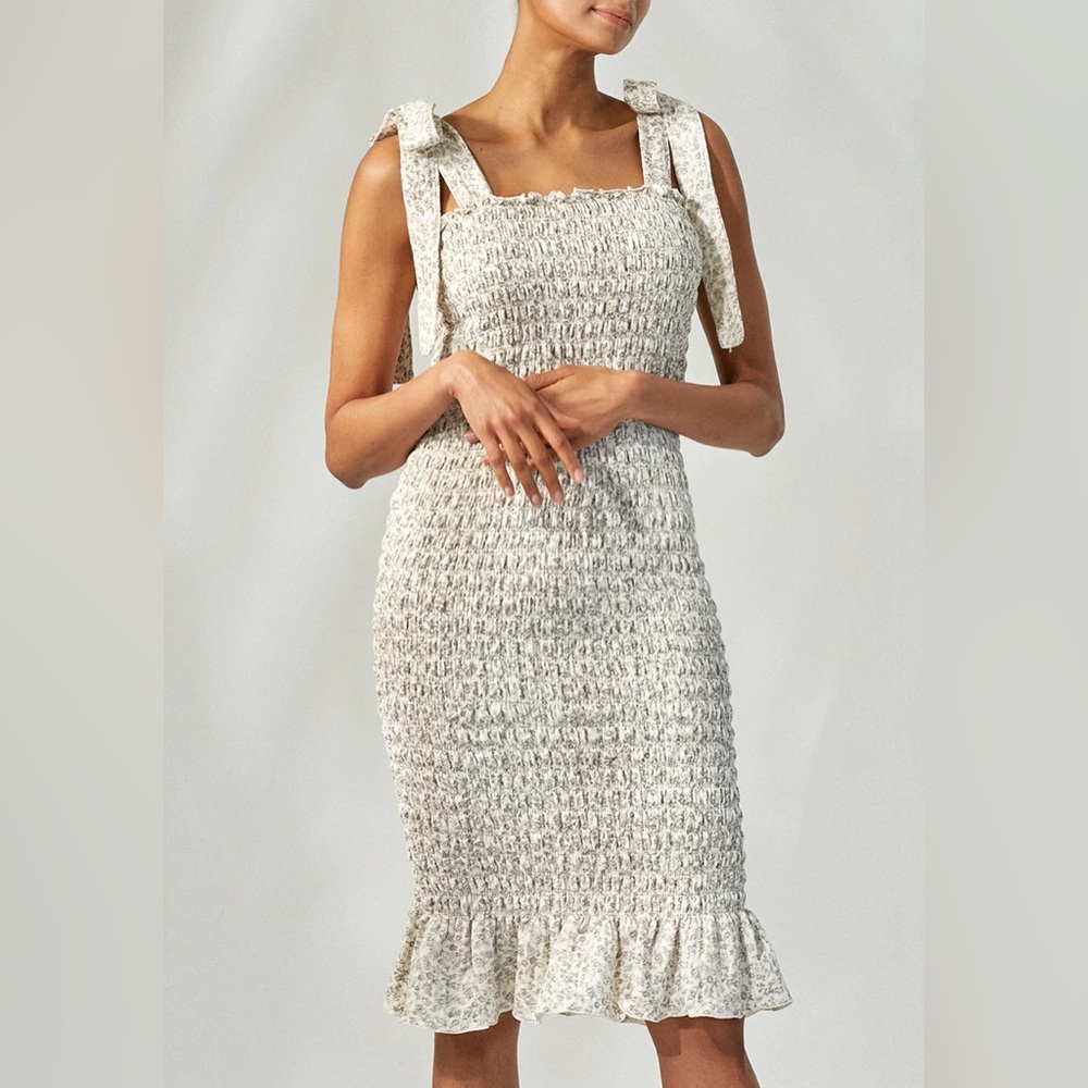 Smocked Tie-Shoulder Midi Dress in Ivory